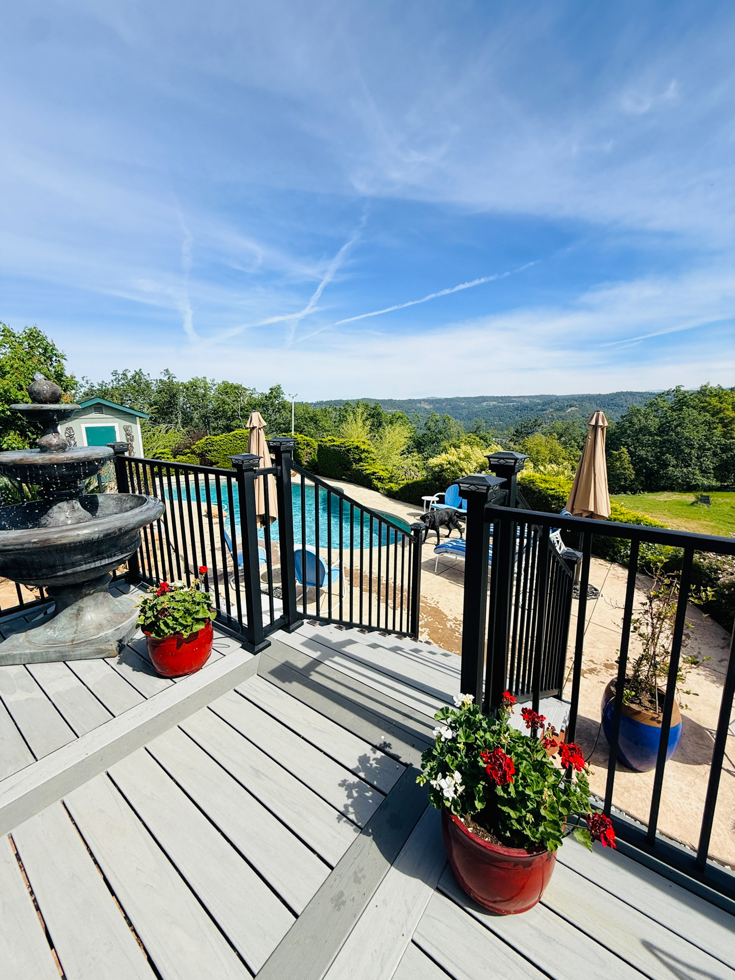 Pool deck with flowers and railing