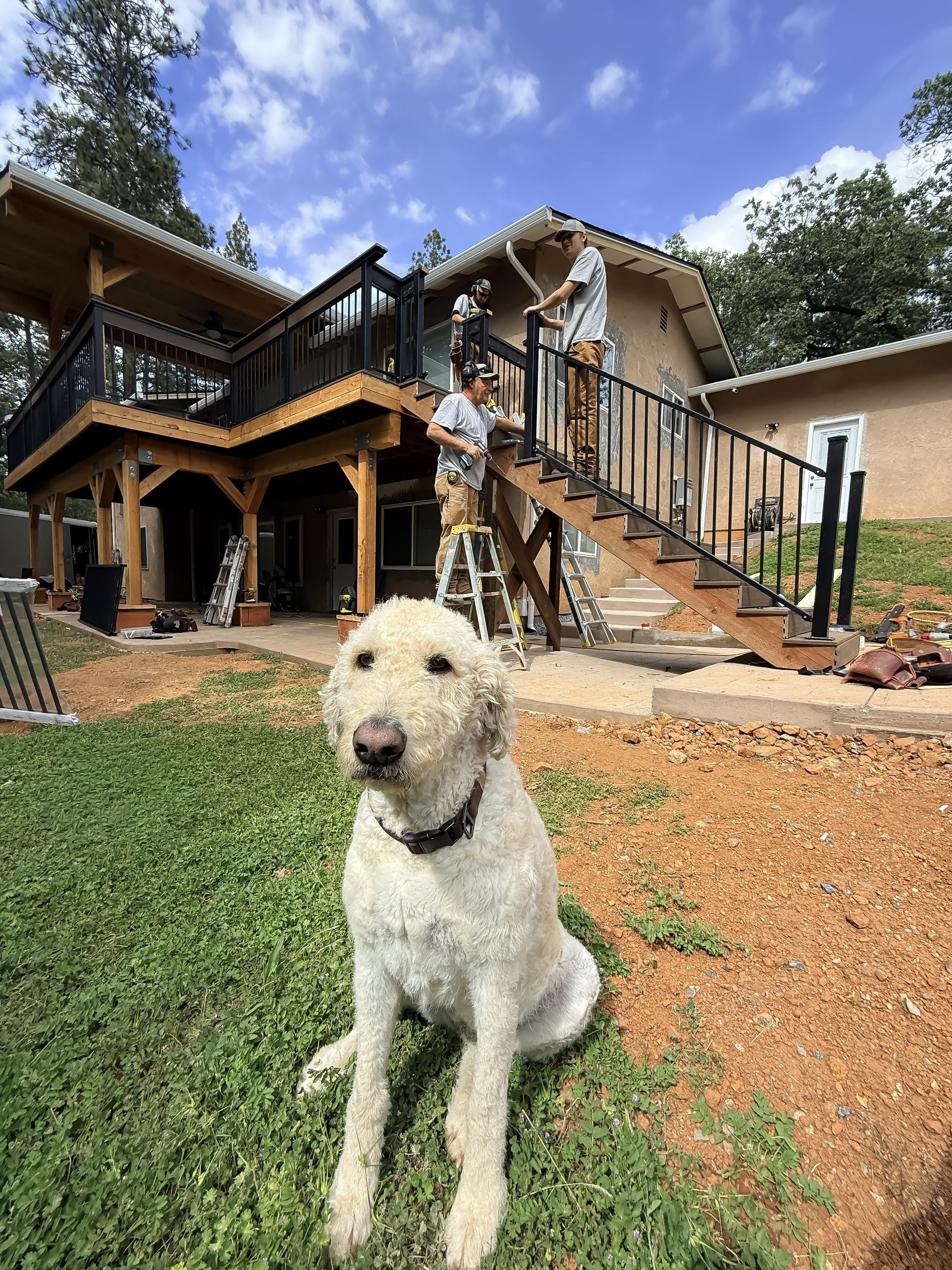 Completed deck, patio cover, and stairs — full project view